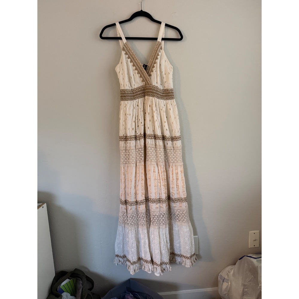 Me 2 Magic White Cotton Eyelet Crochet Tiered Maxi Dress Small Boho Festival